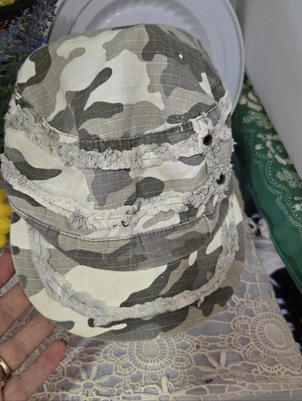 4/$15 Distressed Camo Bucket Hat 90s Y2K Grunge Militarycore Streetwear Utility
